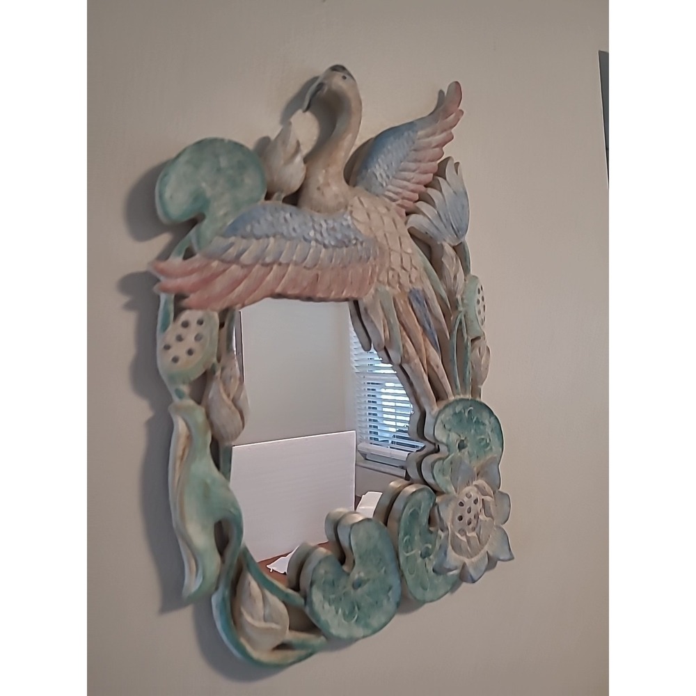 HandCarved Wood Wall Mirror Crane Reeds Lily Pads Cottage Coastal 13"x20" Blue